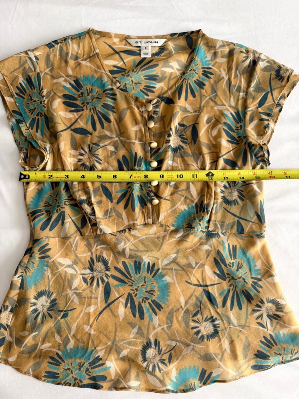 St. John Silk Teal Golden Yellow Floral Collarless Cap Sleeve Sheer Blouse Top - Picture 15 of 16